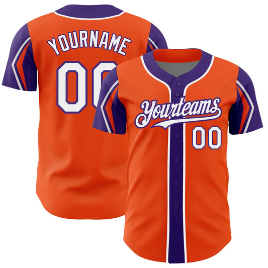 Custom Orange White-Purple 3 Colors Arm Shapes Authentic Baseball Jersey - Sky-Custom