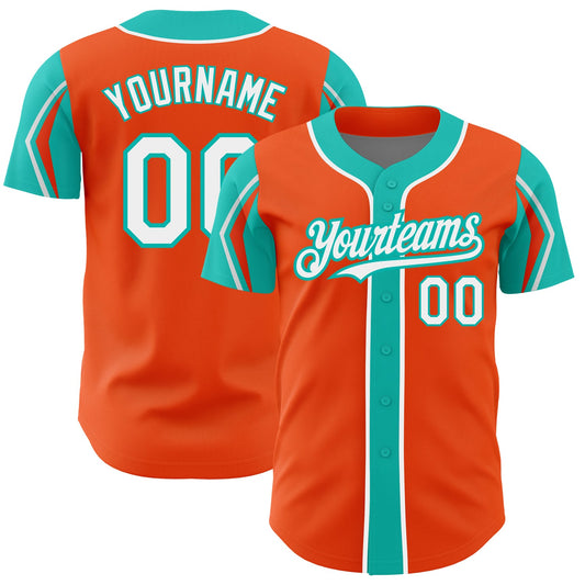 Custom Orange White-Aqua 3 Colors Arm Shapes Authentic Baseball Jersey - Sky-Custom
