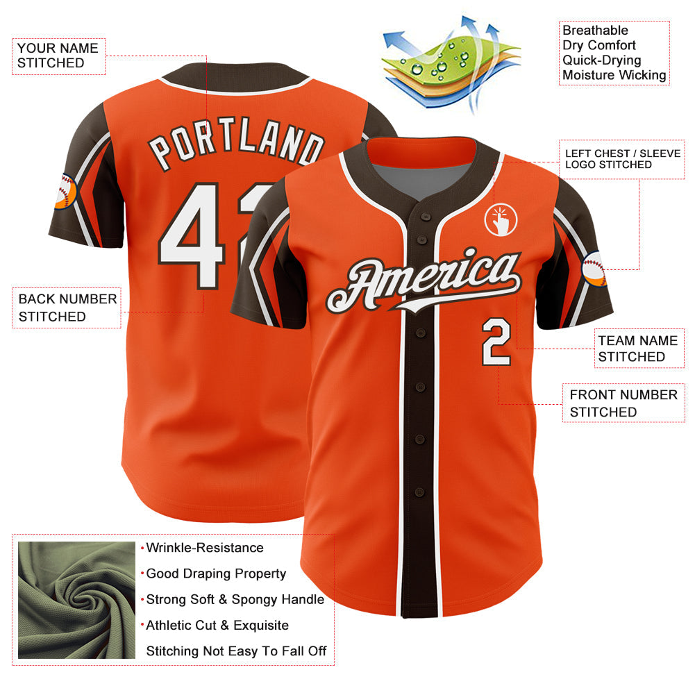Custom Orange White-Brown 3 Colors Arm Shapes Authentic Baseball Jersey - Sky-Custom