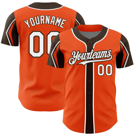 Custom Orange White-Brown 3 Colors Arm Shapes Authentic Baseball Jersey - Sky-Custom
