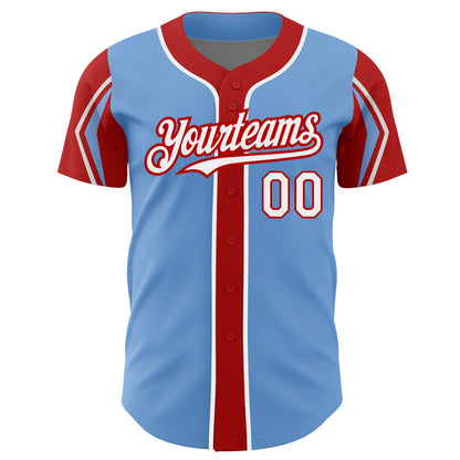 Custom Light Blue White-Red 3 Colors Arm Shapes Authentic Baseball Jersey - Sky-Custom