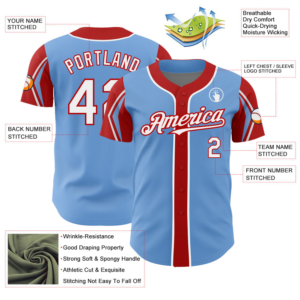 Custom Light Blue White-Red 3 Colors Arm Shapes Authentic Baseball Jersey - Sky-Custom
