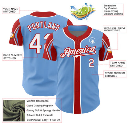 Custom Light Blue White-Red 3 Colors Arm Shapes Authentic Baseball Jersey - Sky-Custom
