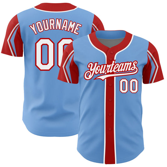 Custom Light Blue White-Red 3 Colors Arm Shapes Authentic Baseball Jersey - Sky-Custom