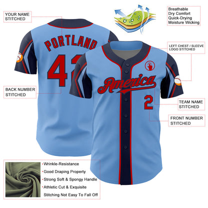 Custom Light Blue Red-Navy 3 Colors Arm Shapes Authentic Baseball Jersey - Sky-Custom