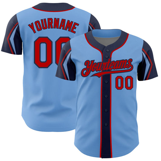 Custom Light Blue Red-Navy 3 Colors Arm Shapes Authentic Baseball Jersey - Sky-Custom