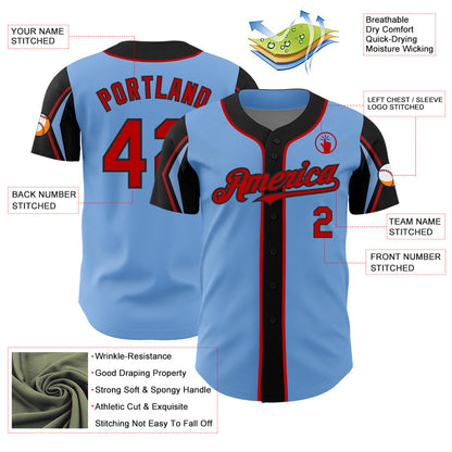 Custom Light Blue Red-Black 3 Colors Arm Shapes Authentic Baseball Jersey - Sky-Custom