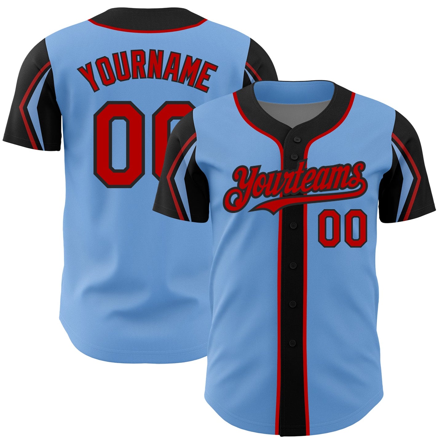 Custom Light Blue Red-Black 3 Colors Arm Shapes Authentic Baseball Jersey - Sky-Custom