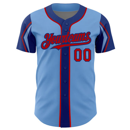 Custom Light Blue Red-Royal 3 Colors Arm Shapes Authentic Baseball Jersey - Sky-Custom