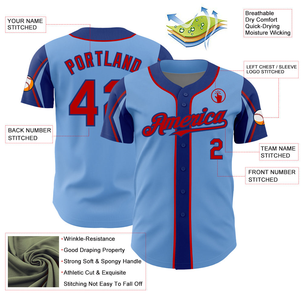 Custom Light Blue Red-Royal 3 Colors Arm Shapes Authentic Baseball Jersey - Sky-Custom
