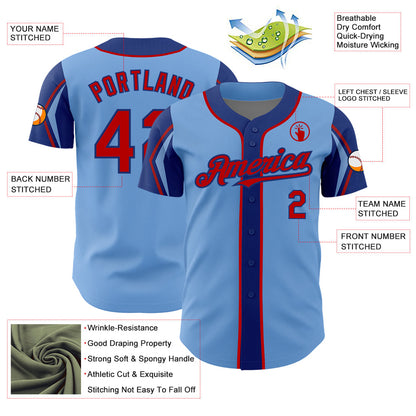 Custom Light Blue Red-Royal 3 Colors Arm Shapes Authentic Baseball Jersey - Sky-Custom