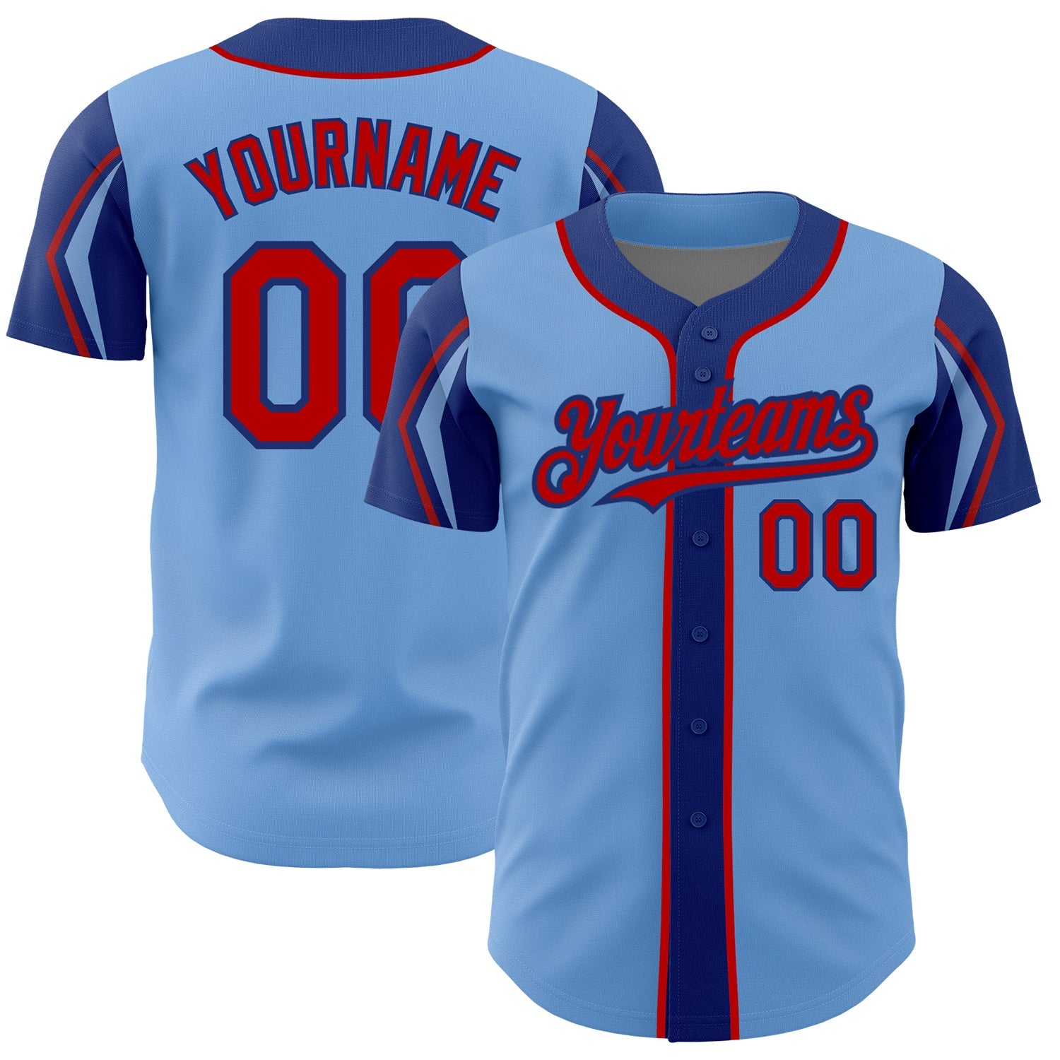 Custom Light Blue Red-Royal 3 Colors Arm Shapes Authentic Baseball Jersey - Sky-Custom