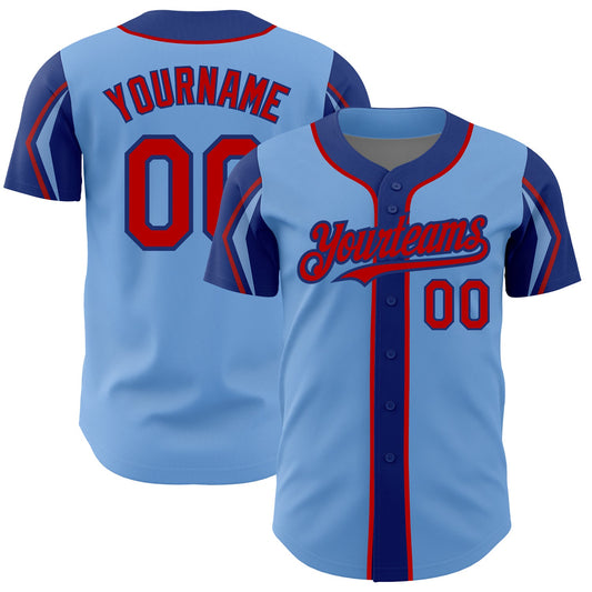 Custom Light Blue Red-Royal 3 Colors Arm Shapes Authentic Baseball Jersey - Sky-Custom
