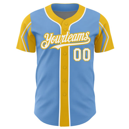 Custom Light Blue White-Yellow 3 Colors Arm Shapes Authentic Baseball Jersey - Sky-Custom