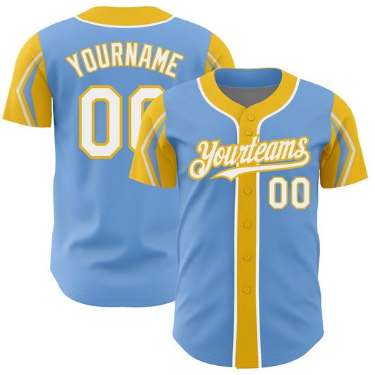 Custom Light Blue White-Yellow 3 Colors Arm Shapes Authentic Baseball Jersey - Sky-Custom
