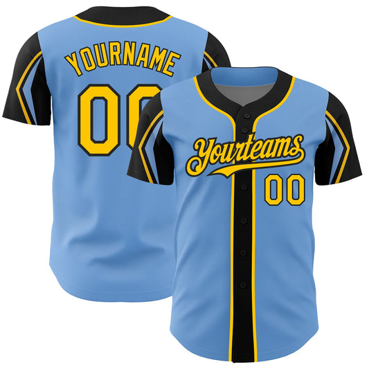 Custom Light Blue Yellow-Black 3 Colors Arm Shapes Authentic Baseball Jersey - Sky-Custom