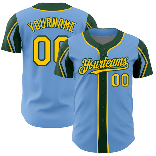 Custom Light Blue Yellow-Green 3 Colors Arm Shapes Authentic Baseball Jersey - Sky-Custom