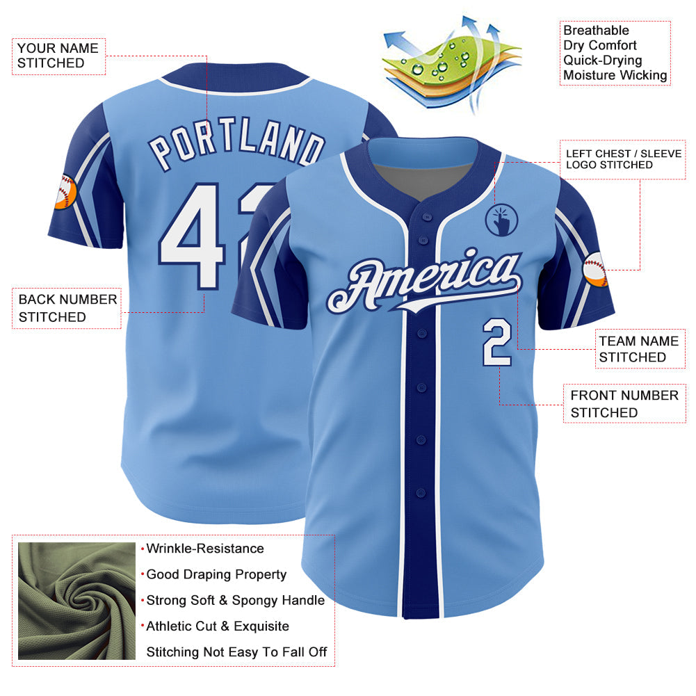Custom Light Blue White-Royal 3 Colors Arm Shapes Authentic Baseball Jersey - Sky-Custom