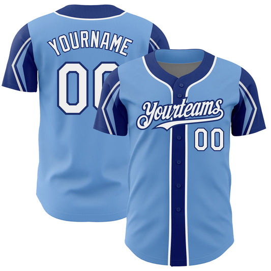 Custom Light Blue White-Royal 3 Colors Arm Shapes Authentic Baseball Jersey - Sky-Custom