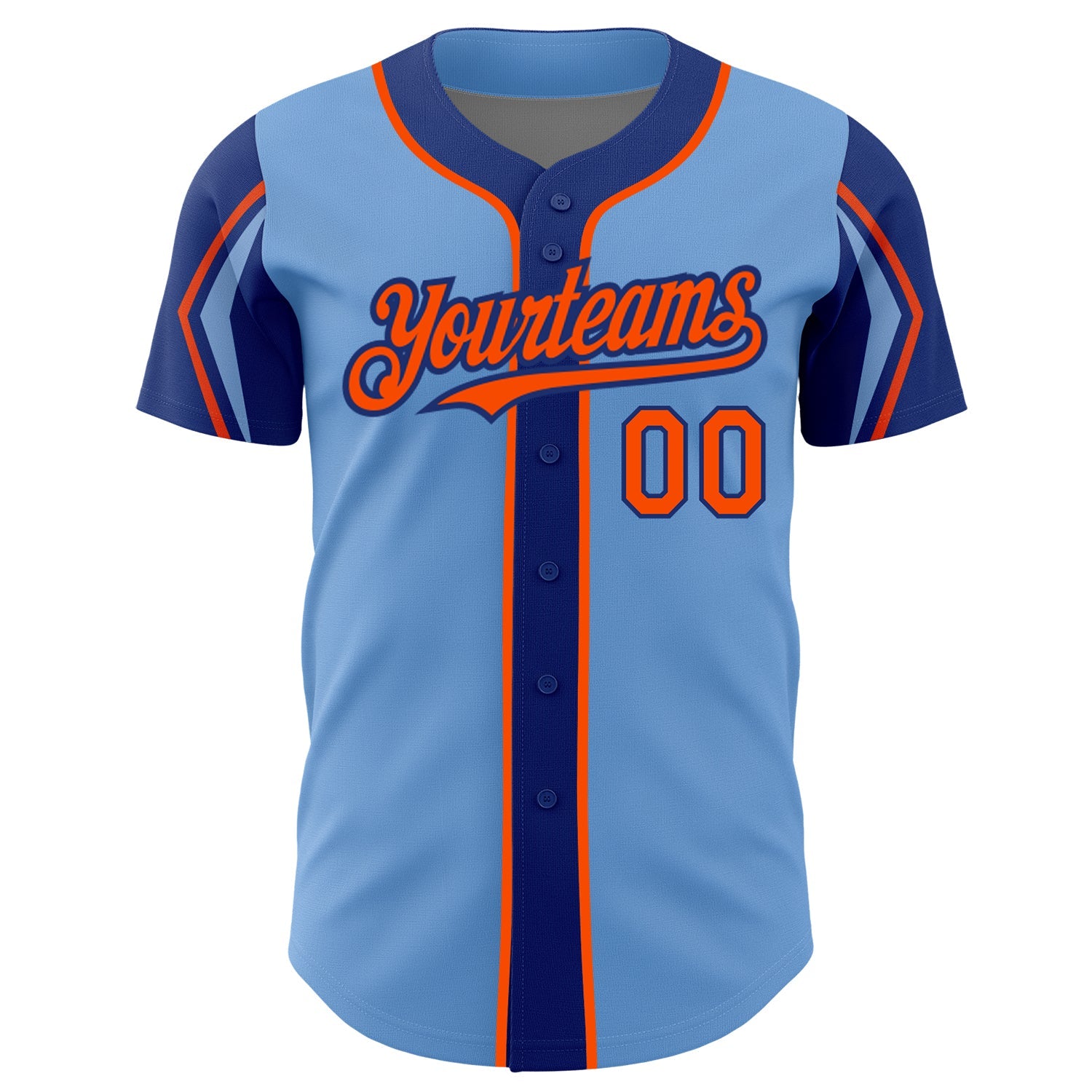 Custom Light Blue Orange-Royal 3 Colors Arm Shapes Authentic Baseball Jersey - Sky-Custom