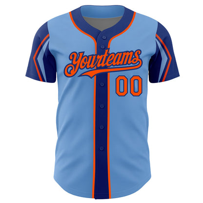 Custom Light Blue Orange-Royal 3 Colors Arm Shapes Authentic Baseball Jersey - Sky-Custom