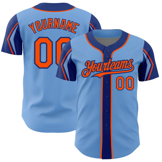 Custom Light Blue Orange-Royal 3 Colors Arm Shapes Authentic Baseball Jersey - Sky-Custom