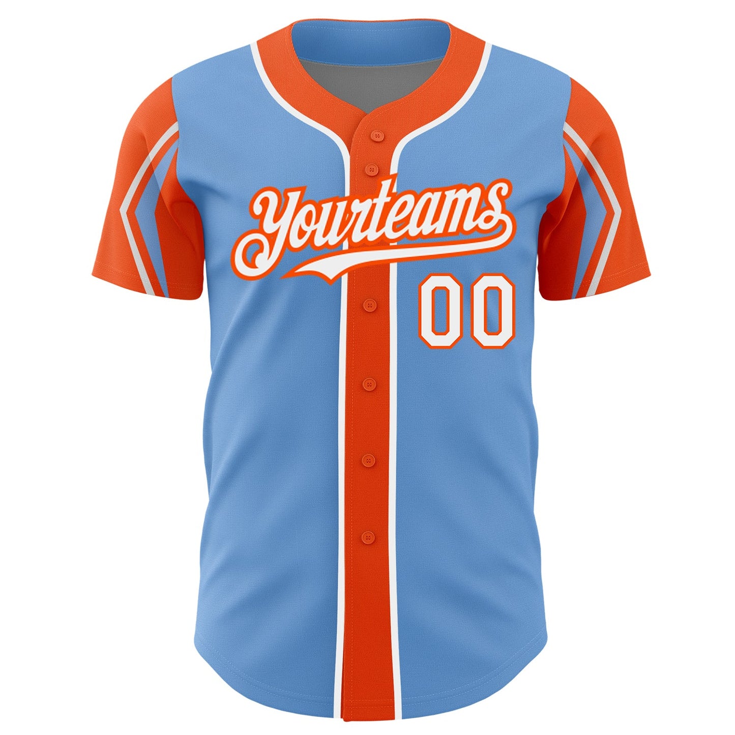 Custom Light Blue White-Orange 3 Colors Arm Shapes Authentic Baseball Jersey - Sky-Custom