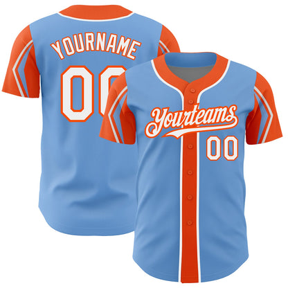 Custom Light Blue White-Orange 3 Colors Arm Shapes Authentic Baseball Jersey - Sky-Custom
