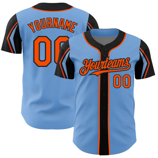 Custom Light Blue Orange-Black 3 Colors Arm Shapes Authentic Baseball Jersey - Sky-Custom