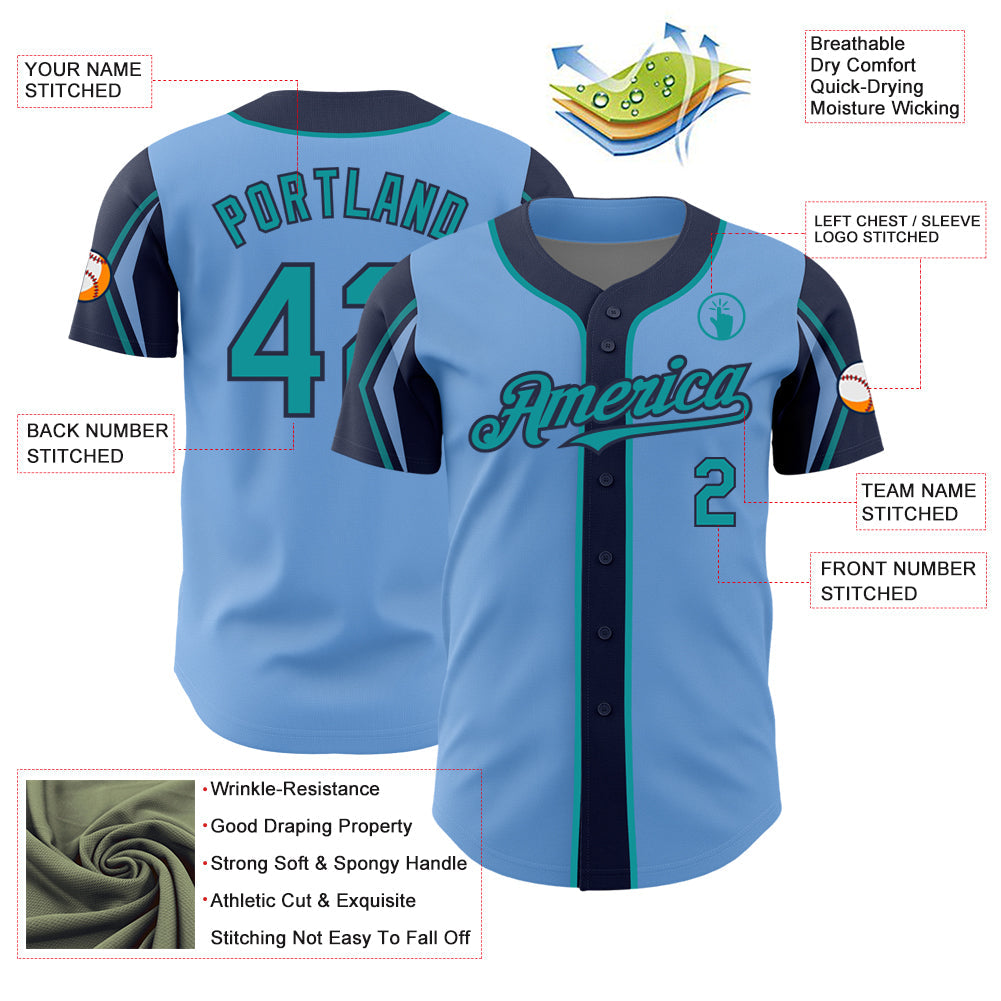 Custom Light Blue Teal-Navy 3 Colors Arm Shapes Authentic Baseball Jersey - Sky-Custom