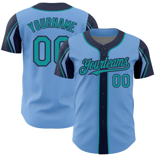 Custom Light Blue Teal-Navy 3 Colors Arm Shapes Authentic Baseball Jersey - Sky-Custom