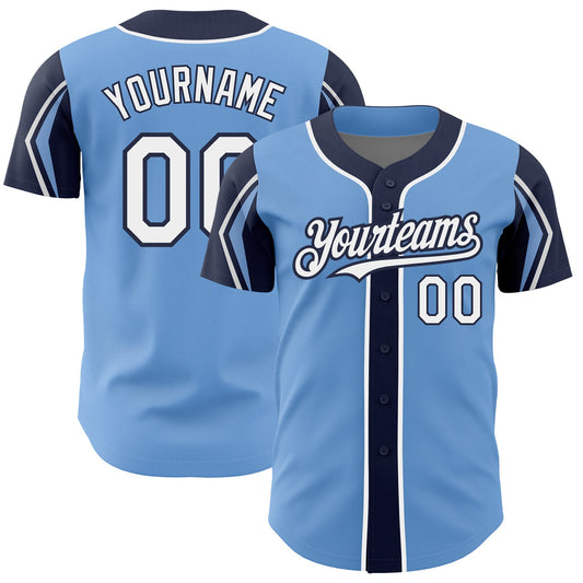 Custom Light Blue White-Navy 3 Colors Arm Shapes Authentic Baseball Jersey - Sky-Custom