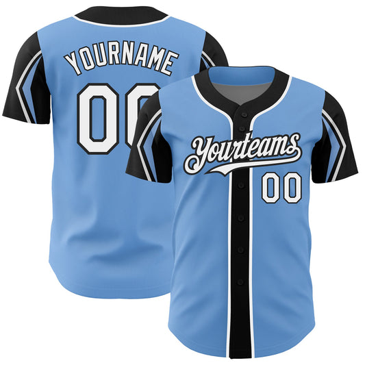 Custom Light Blue White-Black 3 Colors Arm Shapes Authentic Baseball Jersey - Sky-Custom