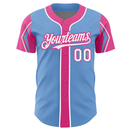 Custom Light Blue White-Pink 3 Colors Arm Shapes Authentic Baseball Jersey - Sky-Custom