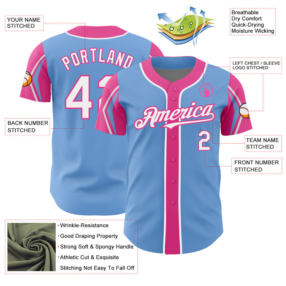 Custom Light Blue White-Pink 3 Colors Arm Shapes Authentic Baseball Jersey - Sky-Custom