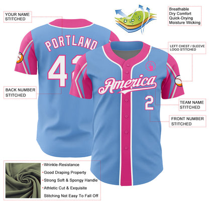 Custom Light Blue White-Pink 3 Colors Arm Shapes Authentic Baseball Jersey - Sky-Custom