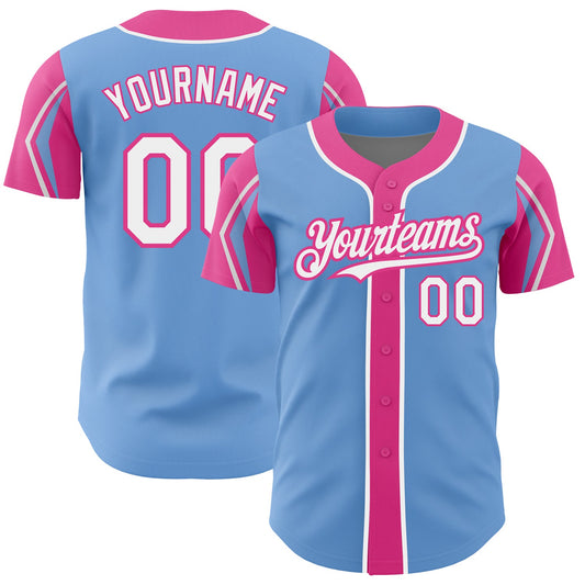 Custom Light Blue White-Pink 3 Colors Arm Shapes Authentic Baseball Jersey - Sky-Custom