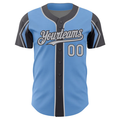 Custom Light Blue Gray-Steel Gray 3 Colors Arm Shapes Authentic Baseball Jersey - Sky-Custom