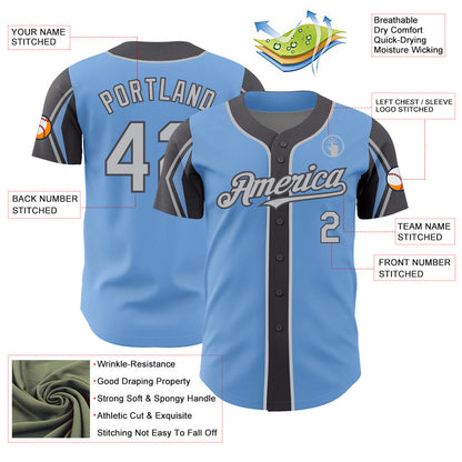 Custom Light Blue Gray-Steel Gray 3 Colors Arm Shapes Authentic Baseball Jersey - Sky-Custom