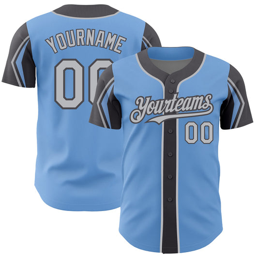 Custom Light Blue Gray-Steel Gray 3 Colors Arm Shapes Authentic Baseball Jersey - Sky-Custom