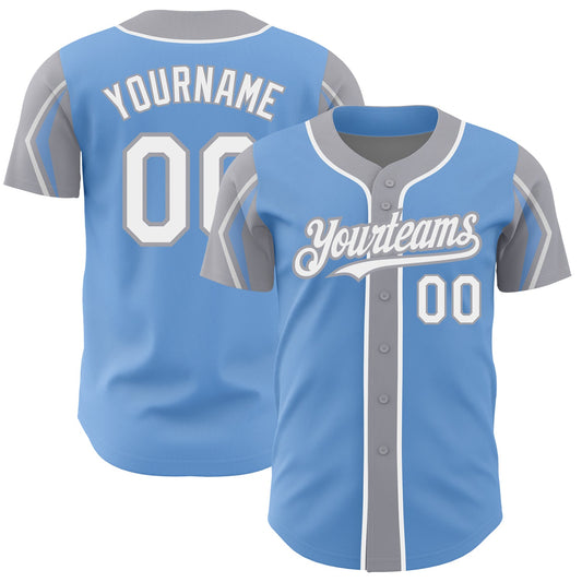 Custom Light Blue White-Gray 3 Colors Arm Shapes Authentic Baseball Jersey - Sky-Custom