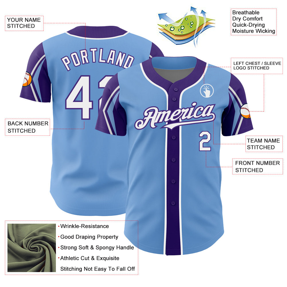 Custom Light Blue White-Purple 3 Colors Arm Shapes Authentic Baseball Jersey - Sky-Custom