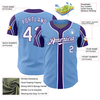 Custom Light Blue White-Purple 3 Colors Arm Shapes Authentic Baseball Jersey - Sky-Custom