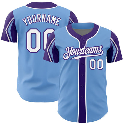Custom Light Blue White-Purple 3 Colors Arm Shapes Authentic Baseball Jersey - Sky-Custom