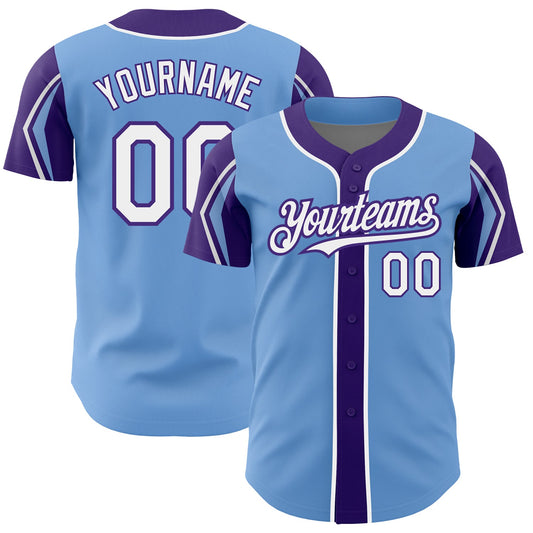 Custom Light Blue White-Purple 3 Colors Arm Shapes Authentic Baseball Jersey - Sky-Custom
