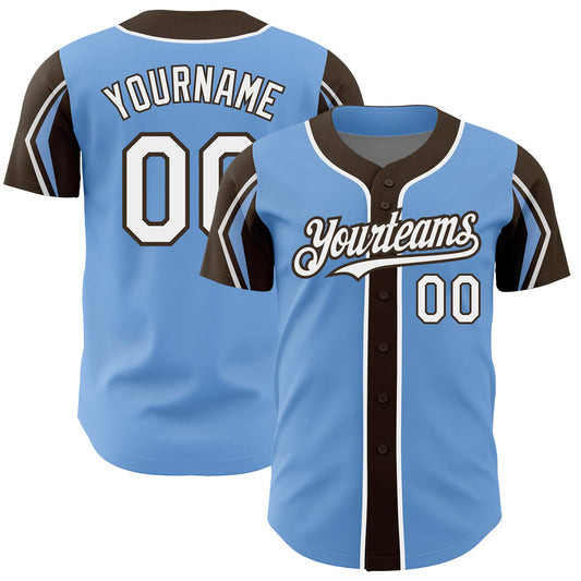 Custom Light Blue White-Brown 3 Colors Arm Shapes Authentic Baseball Jersey - Sky-Custom