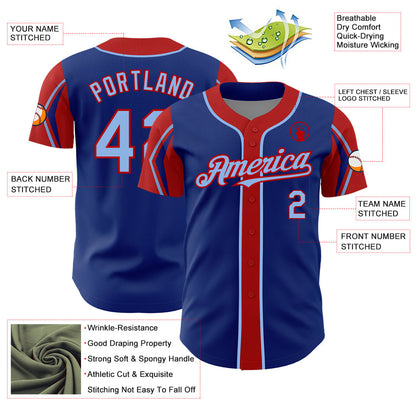 Custom Royal Light Blue-Red 3 Colors Arm Shapes Authentic Baseball Jersey - Sky-Custom
