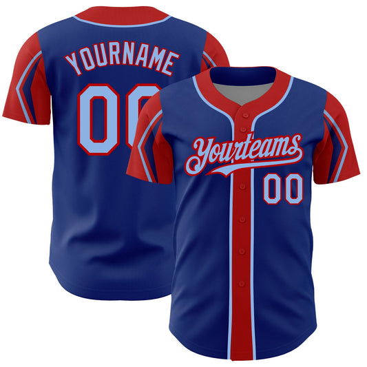 Custom Royal Light Blue-Red 3 Colors Arm Shapes Authentic Baseball Jersey - Sky-Custom