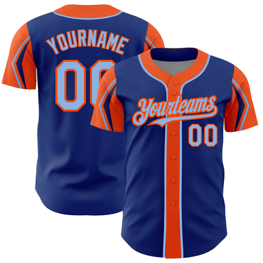 Custom Royal Light Blue-Orange 3 Colors Arm Shapes Authentic Baseball Jersey - Sky-Custom