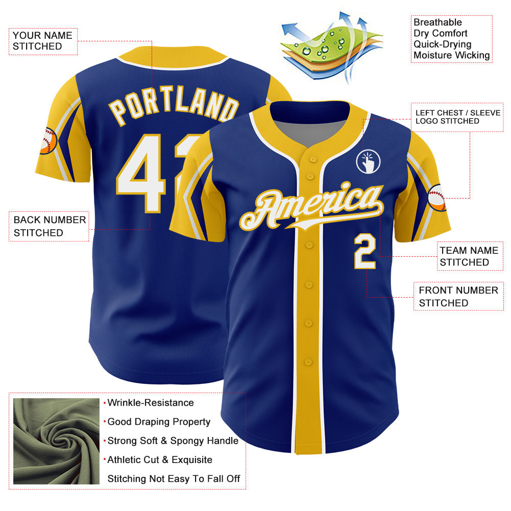 Custom Royal White-Yellow 3 Colors Arm Shapes Authentic Baseball Jersey - Sky-Custom